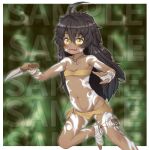  1girl ahoge bangs black_hair blush border brown_bandeau commentary_request dagger dark-skinned_female dark_skin flat_chest foot_out_of_frame foot_wraps hair_between_eyes holding holding_dagger holding_weapon jewelry kitsunerider knife long_hair looking_at_viewer messy_hair navel necklace open_mouth original reverse_grip sample_watermark smile solo tan tooth_necklace tribal weapon white_border yellow_eyes 