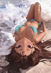  1girl absurdres aqua_bikini aqua_ribbon bare_arms bare_shoulders beach bikini bingwei_huang blush breasts breasts_apart brown_hair closed_mouth collarbone day elf foreshortening from_behind full_body highres knees_up large_breasts long_hair looking_at_viewer looking_back navel on_ground original outdoors photo-referenced pointy_ears red_eyes ribbon sand side-tie_bikini smile solo splashing sunlight swimsuit very_long_hair water 