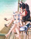  2girls absurdres animal_ear_fluff animal_ears bangs beach bikini black_hair blush braid breasts bridal_garter commentary_request day fox_ears fox_girl fox_tail gin_e12 green_eyes hair_between_eyes highres hololive lap_pillow leaf_print legs_up long_hair looking_at_another lying maple_leaf_print multicolored_hair multiple_girls ocean on_back ookami_mio open_mouth ponytail red_hair sandals shirakami_fubuki sidelocks single_braid sitting small_breasts streaked_hair swimsuit tail virtual_youtuber white_bikini white_hair wolf_ears wolf_girl wolf_tail yellow_eyes 