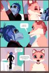  3d_(artwork) ambiguous_gender amphibian anthro breasts canid canine close-up clothed clothing comic dialogue digital_media_(artwork) duo english_text eyes_closed fox french_kissing furniture hair hand_on_head hi_res kissing lennox_(mynka) mammal mynka nipples nude open_mouth raelynn_(mynka) salamander_(amphibian) speech_bubble text tongue tongue_out work_clothes 