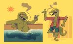  anthro bared_chest beverage_can body_hair chest_hair clothing desert_folk exposed_chest gesture hi_res hot_tub lizard male middle_finger nude reptile scalie skinny_dipping smoking solo stellizard torn_clothing 