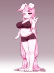  1girl :3 absurdly_long_hair animal_ears black_bra black_shorts blush bra breasts cleavage covered_nipples dolphin_shorts fewer_digits full_body furry furry_female hair_ornament hairclip hand_up highres kionant large_breasts legs_together long_hair looking_at_viewer midriff molly_(kionant) navel original pink_eyes pink_hair rabbit_ears rabbit_tail seductive_smile shorts smile solo standing tail underwear v very_long_hair 