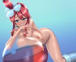  1girl arm_support bent_over blue_eyes blush boots breasts crossed_arms fingernails grin hadairo_rainbow hair_between_eyes hair_ornament half-closed_eyes hands_up highres kneeling large_breasts leaning_on_object looking_at_viewer nipple_slip nipples nude one_side_up paid_reward_available pokemon pokemon_(game) pokemon_bw red_hair seductive_smile shiny shiny_skin short_hair_with_long_locks sidelocks skyla_(pokemon) smile solo sweat tan 