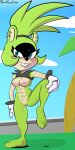  2022 abs absurd_res afrosoricid anthro breasts davidsanchan ear_piercing female genitals grin hi_res looking_at_viewer mammal mostly_nude muscular muscular_female one_leg_up piercing pussy raised_leg sharp_teeth smile solo surge_the_tenrec teeth tenrec 