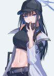  1girl absurdres bangs bare_shoulders baseball_cap belt black_headwear black_shirt blue_archive blue_background blue_eyes blue_hair breasts coat commentary crop_top hand_up hat highres large_breasts long_hair looking_at_viewer mask midriff mouth_mask navel nekomatamago open_clothes open_coat parted_lips saori_(blue_archive) shirt simple_background sleeveless sleeveless_shirt solo stomach upper_body very_long_hair white_coat 