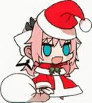  animated animated_gif artist_request atelier_live blue_eyes capelet chibi christmas derivative_work dra fur-trimmed_capelet fur-trimmed_headwear fur-trimmed_jacket fur_trim gift_bag hat holding holding_sack horns jacket kuzuryu_io lowres meme multiple_horns no_pupils padoru_(meme) red_capelet red_headwear sack santa_costume santa_hat third-party_source virtual_youtuber 