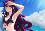  1girl absurdres arm_up armpits beach bikini black_bikini blue_eyes bow bow_bikini breasts cleavage collarbone heterochromia highres hololive hololive_english inflatable_toy innertube irys_(hololive) long_hair medium_breasts multicolored_hair navel open_mouth pointy_ears presenting_armpit purple_eyes smile solo swimsuit two-tone_hair underboob upper_body very_long_hair virtual_youtuber zeiss 
