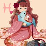  1girl animal aoiyuya arrow_(projectile) bangs bead_anklet blush bow_(weapon) brown_hair covering_mouth fish flower frilled_kimono frills green_eyes hair_flower hair_ornament hairband half-closed_eyes heart-shaped_arrow high_heels holding holding_animal holding_fish japanese_clothes kimono long_hair long_sleeves looking_at_viewer obi original pantyhose pisces sash sitting solo wavy_hair weapon wide_sleeves yokozuwari zodiac 