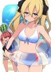  2girls :/ :d amai_nekuta antenna_hair assault_lily ball bangs bare_arms bare_shoulders beachball bikini bikini_under_clothes black_bikini black_bow blonde_hair blue_bikini blue_eyes blue_sky blush border bow bracelet breasts brown_shorts cleavage closed_mouth collarbone day front-tie_bikini front-tie_top gradient_bikini gradient_clothes hair_between_eyes hair_bow halter_top halterneck highres holding holding_ball holding_innertube innertube jewelry looking_at_viewer medium_breasts multiple_girls navel ocean outside_border panty_straps ponytail red_hair rounded_corners short_hair shorts side-tie_bikini sky smile solid_oval_eyes standing stomach sun sweatdrop swimsuit taneda_seina transparent twintails watermelon_beachball white_border yumeno_kanon 