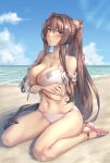  1girl :o arms_under_breasts bangs beach bikini blue_sky blush breasts brown_eyes brown_hair cherry_blossoms cleavage cloud collarbone commission crossed_arms day flower full_body hair_between_eyes hair_flower hair_intakes hair_ornament highres kantai_collection kneeling kokuzou large_breasts long_hair looking_at_viewer multicolored_bikini multicolored_clothes navel ocean official_alternate_costume outdoors parted_lips pink_bikini pink_eyes pink_flower ponytail red_eyes sandals sidelocks sitting skeb_commission sky solo swimsuit untied untied_bikini very_long_hair white_bikini yamato_(kancolle) yamato_kai_ni_(kancolle) 