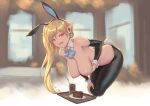  1girl animal_ears bent_over bigrbear blonde_hair breasts cake cake_slice detached_collar detached_sleeves earrings fake_animal_ears food glass hanging_breasts jewelry large_breasts long_hair looking_at_viewer open_mouth original pointy_ears rabbit_ears rabbit_tail red_eyes side_ponytail solo tail topless 