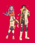  1boy 1girl absurdres animal_ears apex_legends black_eyes black_hair black_pants blonde_hair blue_bodysuit blue_eyes blue_gloves bodysuit boots cable cat_boy cat_ears crypto_(apex_legends) gloves heart hetero highres hood hooded_jacket jacket kemonomimi_mode orange_jacket pants red_background shoes sneakers tabiiii tails_touching undercut wattson_(apex_legends) white_bodysuit white_footwear white_jacket 