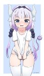  1girl beads black_bow blue_eyes blush border bow collarbone dragon_horns gradient gradient_hair hair_beads hair_bow hair_ornament highres horns kanna_kamui kobayashi-san_chi_no_maidragon light_purple_hair long_hair multicolored_hair multiple_horns open_mouth panties purple_hair shirt skindentation solo t-shirt tail tearing_up thighhighs tongue twintails twitter_username underwear wersman white_border white_horns white_panties white_shirt white_thighhighs 