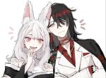  1boy 1girl animal_ears black_hair black_kimono fox_ears fox_girl grey_hair hair_behind_ear hair_over_one_eye ikow jacket japanese_clothes kimono kimono_on_shoulders leaning_to_the_side nijisanji nijisanji_en nina_kosaka off_shoulder one_eye_covered red_eyes red_shirt shirt sketch smile virtual_youtuber vox_akuma white_jacket yellow_eyes 