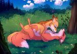  2022 abby_(rukifox) canid canine cuddling day detailed_background digital_media_(artwork) duo feral forest fox fur grass licking lying mammal on_back orange_body orange_fur outside plant rick_(rukifox) rukifox sky tongue tongue_out tree white_body white_fur 
