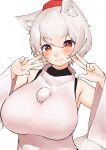 1girl absurdres animal_ear_fluff animal_ears bangs blush breasts closed_mouth detached_sleeves double_v highres inubashiri_momiji large_breasts looking_at_viewer pom_pom_(clothes) red_eyes shirt short_hair solo tail take_(take143000) teeth touhou upper_teeth v white_background white_hair white_shirt white_sleeves wolf_ears wolf_girl wolf_tail 