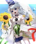  1girl blue_eyes blue_skirt detached_sleeves flower food fruit grey_hair hat highres holding holding_food japanese_clothes kariginu looking_at_viewer miniskirt mononobe_no_futo oishiinori_1248 pom_pom_(clothes) ponytail ribbon-trimmed_sleeves ribbon_trim skirt smile solo sunflower tate_eboshi touhou water_drop watermelon 