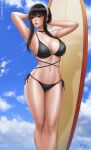  1girl arms_up artist_name bikini black_bikini black_choker black_hair blue_sky breasts choker cleavage cloud day earrings facing_viewer gold_earrings hairband highres jewelry kyopink large_breasts lips long_hair looking_to_the_side multi-strapped_bikini navel outdoors parted_lips red_eyes short_hair_with_long_locks side-tie_bikini sidelocks signature sky spy_x_family stomach surfboard swimsuit thighs wet white_hairband yor_briar 