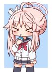  &gt;_&lt; 1girl ahoge bangs black_sailor_collar black_skirt black_thighhighs blue_archive blue_background blush cardigan chibi closed_eyes closed_mouth drinking_straw facing_viewer halo hana_kazari hand_up highres holding long_sleeves milk_carton natsu_(blue_archive) neckerchief pink_hair pleated_skirt puffy_long_sleeves puffy_sleeves red_neckerchief sailor_collar side_ponytail skirt sleeves_past_wrists solo thighhighs two-tone_background white_background white_cardigan 