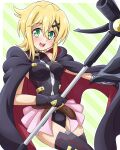  1girl akatsuki_kirika alternate_costume bardiche black_leotard black_thighhighs blonde_hair breasts cape cosplay fate_testarossa fate_testarossa_(cosplay) green_eyes highres leotard looking_at_viewer lyrical_nanoha mahou_shoujo_lyrical_nanoha mahou_shoujo_lyrical_nanoha_a&#039;s medium_breasts open_mouth pink_skirt scythe senki_zesshou_symphogear shiny shiny_hair shiny_skin short_hair showgirl_skirt skirt smile solo thighhighs yosuzu 