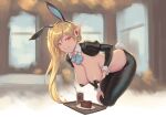  1girl animal_ears bent_over bigrbear blonde_hair breasts cake cake_slice detached_collar earrings fake_animal_ears food glass hanging_breasts jewelry large_breasts long_hair looking_at_viewer meme_attire open_mouth original pasties pointy_ears rabbit_ears rabbit_tail red_eyes reverse_bunnysuit reverse_outfit side_ponytail solo tail 