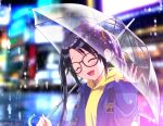  1girl black_hair blue_jacket blurry blurry_background closed_eyes commentary_request facing_viewer glasses highres hood hoodie idolmaster idolmaster_shiny_colors jacket long_hair m-shiganai mitsumine_yuika nail_polish night rain real_world_location shibuya_(tokyo) solo tokyo_(city) transparent transparent_umbrella twintails umbrella upper_body waving yellow_hoodie 