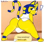  2022 animal_crossing ankha_(animal_crossing) anthro anus bent_over bottomless butt clothed clothing davidsanchan domestic_cat english_text exclamation_point felid feline felis female frown genitals hi_res looking_at_viewer looking_back mammal nintendo pussy snaggle_tooth solo text video_games 