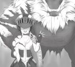  1boy 1girl blush breasts cleavage covered_eyes greyscale hat height_difference highres monochrome monster_hunter_(character) monster_hunter_(series) monster_hunter_rise r3d_n3pp3r rajang short_hair smile torn_clothes you_gonna_get_raped 