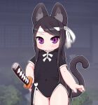  1girl animal_ears arms_at_sides ass_visible_through_thighs black_dress blush bow brown_hair cat_ears cat_tail china_dress chinese_clothes closed_mouth cowboy_shot dress fingernails flat_chest headband highres holding holding_sword holding_weapon japanese_flag katana kionant long_hair looking_at_viewer original purple_eyes sharp_fingernails short_sleeves solo standing sword tail very_long_hair weapon white_bow 