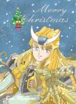  absurdres artist_name bangs blonde_hair blue_eyes bodysuit english_commentary floating_hair genderswap genderswap_(mtf) green_bodysuit highres horns humanization long_hair magami_ban mecha_musume mechanical_arms merry_christmas mixed-language_commentary parted_lips smile snowing transformers transformers_victory upper_body very_long_hair victory_leo 