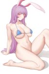  1girl animal_ears areola_slip arm_support bangs bare_arms bare_shoulders barefoot bikini bikini_top_only blue_bikini blush bottomless collarbone highres knee_up large_areolae leaning_back long_hair looking_at_viewer micro_bikini navel ni_(221) parted_lips purple_hair rabbit_ears red_eyes reisen_udongein_inaba simple_background sitting solo stomach straight_hair swimsuit touhou very_long_hair white_background 