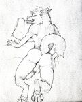  absurd_res anthro balls butt butt_grab canid canine canis erection fellowwolf genitals hand_on_butt hi_res looking_at_viewer looking_back lying male mammal on_front penis raised_tail sketch solo solo_focus were werecanid werecanine werewolf wolf 