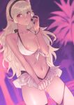  1girl areola_slip bare_shoulders bikini bikini_around_one_leg bikini_skirt black_hairband blonde_hair blush bracelet breasts cleavage closed_mouth collarbone corrin_(fire_emblem) corrin_(fire_emblem)_(female) covered_nipples covering covering_crotch cowboy_shot fire_emblem fire_emblem_fates fire_emblem_heroes frilled_bikini frills front-tie_bikini front-tie_top hairband hand_up highres jewelry jtaka large_breasts long_hair looking_at_viewer navel official_alternate_costume outdoors palm_tree pink_background pointy_ears pussy_juice red_eyes ribbon skindentation smile solo swimsuit tree very_long_hair white_bikini white_ribbon 