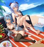  2girls absurdres bangs bare_shoulders barefoot beach bikini bikini_top_only black_thighhighs blue_hair blue_hairband blue_nails blue_shirt blue_sky bottomless breasts cleavage commentary_request cookie cooler criss-cross_halter day doughnut dutch_angle eula_(genshin_impact) food ganyu_(genshin_impact) genshin_impact hairband halterneck hand_up highres horns knee_up large_breasts long_hair looking_at_viewer luoloo medium_breasts medium_hair multiple_girls nail_polish navel ocean off_shoulder open_clothes open_shirt outdoors parted_lips purple_eyes shirt sky smile stomach swimsuit thighhighs toenail_polish toenails w water watermelon_slice yellow_eyes 