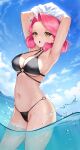  1girl air_bubble armpits arms_up bangs bare_arms bare_legs bare_shoulders bikini black_bikini blue_sky breasts brown_eyes bubble cleavage cloud cloudy_sky day eden_(shiroki_yuutsu) groin highres horizon looking_at_viewer medium_hair navel o-ring o-ring_bikini o-ring_bottom o-ring_top ocean open_mouth original outdoors parted_bangs partially_underwater_shot pink_hair sky solo sparkle splashing standing swimsuit undressing wading water water_drop wet 
