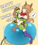  1girl ;i absurdres animal_ears asa_(sen) bandana bangs bare_shoulders belt blue_eyes blush breasts brown_belt brown_gloves brown_hair brown_headwear burger cleavage commentary_request food food_on_face gloves green_shirt green_skirt gun hair_ornament hand_up happy_birthday hat_on_back highres holding holding_food holstered_weapon horse_ears large_breasts looking_at_viewer midriff miniskirt musical_note navel no_shoes off-shoulder_shirt off_shoulder pleated_skirt purple_thighhighs revolver shirt short_hair short_sleeves simple_background skirt skirt_set solo spoken_musical_note star_(symbol) star_hair_ornament star_print stomach taiki_shuttle_(umamusume) thighhighs umamusume weapon yellow_background 