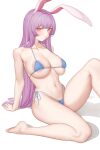  1girl animal_ears areola_slip arm_support bangs bare_arms bare_legs bare_shoulders barefoot bikini blue_bikini blush collarbone highleg highleg_bikini highres knee_up large_areolae leaning_back long_hair looking_at_viewer micro_bikini navel ni_(221) parted_lips purple_hair rabbit_ears red_eyes reisen_udongein_inaba side-tie_bikini simple_background sitting skindentation solo stomach straight_hair strap_gap swimsuit touhou very_long_hair white_background 