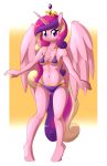  2022 anthro bikini breasts clothing crown cutie_mark equid equine feathered_wings feathers female friendship_is_magic fur hair hasbro hi_res horn long_hair looking_at_viewer mammal multicolored_hair multicolored_tail my_little_pony navel pink_body pink_fur princess_cadance_(mlp) purple_eyes small_breasts smile solo swimwear unguligrade_anthro whatsapokemon winged_unicorn wings 