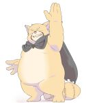  2022 anthro belly big_belly cape clothing eyes_closed hi_res humanoid_hands inunoshippo kemono male overweight overweight_male popori simple_background solo tera_online video_games 
