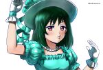 1girl absurdres angel_gabriel. arm_up bangs blush breasts dot_nose dress frilled_dress frills gloves green_dress green_hair green_ribbon hand_up hat highres jewelry looking_at_viewer love_live! love_live!_sunshine!! mifune_shioriko necklace pearl_necklace puffy_short_sleeves puffy_sleeves red_eyes ribbed_hat ribbon short_hair short_sleeves small_breasts solo spanish_commentary thick_lips twitter_username upper_body white_background white_gloves white_headwear 