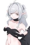  1girl absurdres ahoge arknights arm_strap bangs bare_shoulders bikini black_bikini black_choker black_gloves blush breasts brown_eyes choker closed_mouth collarbone ganjiang gloves grey_hair hair_intake hands_on_own_chest highres long_hair looking_at_viewer navel partially_fingerless_gloves pointy_ears simple_background small_breasts solo strapless strapless_bikini swept_bangs swimsuit tomimi_(arknights) two_side_up upper_body white_background 