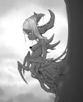  1girl bar_censor breasts censored censored_nipples extra_mouth from_side greyscale highres kionant long_hair medium_breasts monochrome monster monster_girl no_hands original profile solo 