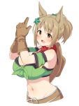  1girl alternate_breast_size animal_ears armband bad_id bad_pixiv_id bandana bandeau bare_shoulders bikini bikini_under_clothes breasts brown_eyes brown_gloves brown_hair brown_hat cleavage commentary_request cosplay cowboy_hat cropped_torso detached_sleeves finger_gun gloves green_armband groin hair_ornament hands_up hat hat_on_back highres horse_ears huge_breasts idolmaster idolmaster_cinderella_girls kemonomimi_mode midriff mimura_kanako navel ootsubo_yuka own_hands_together ponytail short_hair short_sleeves sidelocks simple_background solo star_(symbol) star_hair_ornament stomach strapless swimsuit taiki_shuttle_(umamusume) taiki_shuttle_(umamusume)_(cosplay) tube_top uccow umamusume upper_body voice_actor_connection white_background 