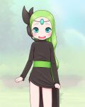  1girl :d black_dress blue_eyes blush dress green_hair headband headset highres humanization kionant long_hair long_sleeves looking_at_viewer meloetta open_mouth pokemon sash smile solo very_long_hair 