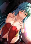  1girl absurdres aqua_eyes aqua_hair backlighting bangs blush breast_press breasts censored closed_mouth collarbone curtains day dutch_angle eirika_(fire_emblem) fire_emblem fire_emblem:_the_sacred_stones hands_on_own_chest highres indoors large_breasts long_hair looking_at_viewer mosaic_censoring natsuki_shuri nipples nude pussy red_thighhighs smile solo squatting thighhighs very_long_hair window 