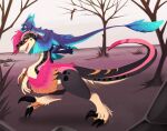  2022 blue_eyes day detailed_background digital_media_(artwork) dinosaur feathered_wings feathers feet fingers kuro-the-panther outside reptile scalie smile toes wings 