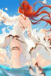  1girl absurdres arknights back blue_sky bug butterfly cloud day demon_horns dress floating_hair from_behind hair_rings highres horns long_hair long_sleeves ocean outdoors red_hair sky solo surtr_(arknights) surtr_(colorful_wonderland)_(arknights) thigh_strap wading water white_butterfly white_dress ziyue 
