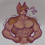  2021 abs absurd_res alternate_hairstyle anthro bird_dog blush blush_lines brown_body brown_fur brown_hair canid canine canis cheek_tuft cocker_spaniel diadorin domestic_dog eyes_closed facial_tuft flexing flexing_both_biceps fur grey_background hair hi_res hunting_dog male mammal muscle_tone muscular muscular_anthro muscular_male nugget_(diadorin) pecs shirtless shirtless_anthro shirtless_male simple_background smile solo spaniel tuft 
