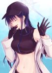  1girl :d bangs bare_shoulders baseball_cap black_gloves black_headwear blue_archive blue_background blue_hair breasts closed_eyes commentary_request crop_top gloves hands_up hat highres jacket large_breasts long_hair long_sleeves looking_at_viewer midriff navel off_shoulder open_clothes open_jacket open_mouth saori_(blue_archive) smile solo stomach tsurara_ishi upper_body very_long_hair white_jacket 