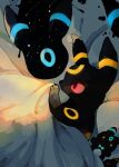  alternate_color bed bed_sheet black_fur commentary_request from_side highres lil no_humans pokemon pokemon_(creature) red_eyes shiny_pokemon stuffed_toy umbreon under_covers yellow_fur 
